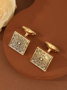 1 件男士银色复古金属圆形波浪条纹袖扣，可调节衬衫袖口配饰，适合休闲返校使用 - 金色 - 查看 2