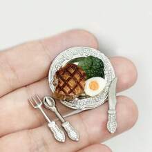 7/9pcs Dollhouse Romantic Dinnerware Set, Metal Delicate Plates With Miniature Food, Miniature Steak! Miniature Red Wine, Christmas/Halloween Decor!