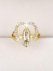1pc Fashion Virgin Mary Heart Shaped Design Cubic Zirconia Adjustable Ring For Women