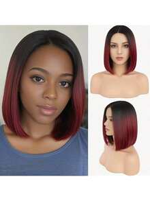 12 英寸时尚女士渐变色黑色至红色鲍勃假发 - 自然外观耐热合成纤维，波浪纹理，可调节帽子和网，适合日常佩戴、角色扮演、万圣节派对 - 多功能假发、角色扮演配饰、时尚造型、舒适贴合 - 彩色 - 查看 2