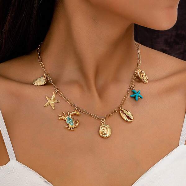1pc Ocean Theme Vintage Metal Sea Shell & Pendant Adjustable Bohemian Beach Necklace, 18-20 Inches