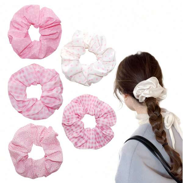 5pcs French Pink Dot Cute Fashion Versatile Women Hair Accessories, Sweet Floral Casual Scrunchies, Hair Tie, Hair Accessory ,Hair Accessories