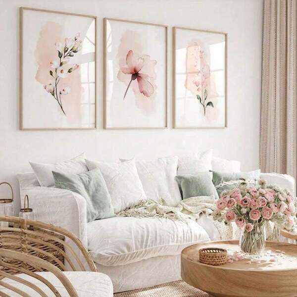 3pcs Set,Flowers Pink Prints,Flower Prints,Pink Wall Art,Gift For Her,Bedroom Prints,Home Decor,Living Room,Above Bed,50*70cm*3(19.7*27.5in)Unframed