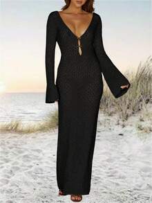 Womens Crochet Maxi Cover Up Dress Long Sleeve Bodycon Summer Swimwear Beach Knit Dresses - 黑色 - 查看 3