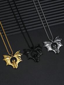 1pc European & American Gothic Style Bat Pendant Necklace, Halloween Gift Accessory, Large Gold-Tone Stainless Steel Gothic Jewelry Necklace, Personalized Black Necklace, Daily Wear For Men - New Bat Necklace - View 11
