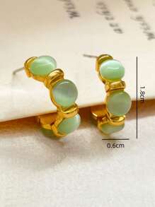 1 Pair Unique Fresh Green Cat's Eye Stone C Shape Earrings, Suitable For Women Daily, Festival And Party Wear