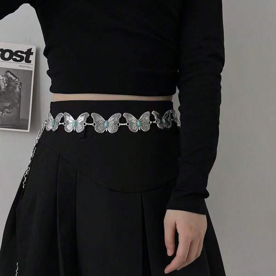 1 件夏季波西米亚风复古蝴蝶腰链，带绿松石珠，可调节