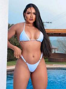 Sexy Tanning Bikini With Adjustable Thin Strap And Thong - 白色的 - 查看 3
