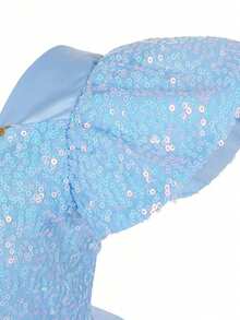 少女优雅的宝石蓝网纱亮片短袖连衣裙，搭配皇冠、魔杖项链和手套配饰，适合外出、派对、生日和其他活动。 - 藍色 - 查看 5