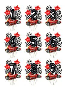 Set Balon Tema Balap 8 Buah, Termasuk Balon Balap, Balon Angka 1-9 Ukuran 32", Bendera Balap, Balon Bulat Bentuk Ban Ukuran 18", Balon Bintang Merah, Cocok untuk Tema Balap, Dekorasi Ulang Tahun Anak Laki-laki, Pesta Mobil - MultiWarna - View 1
