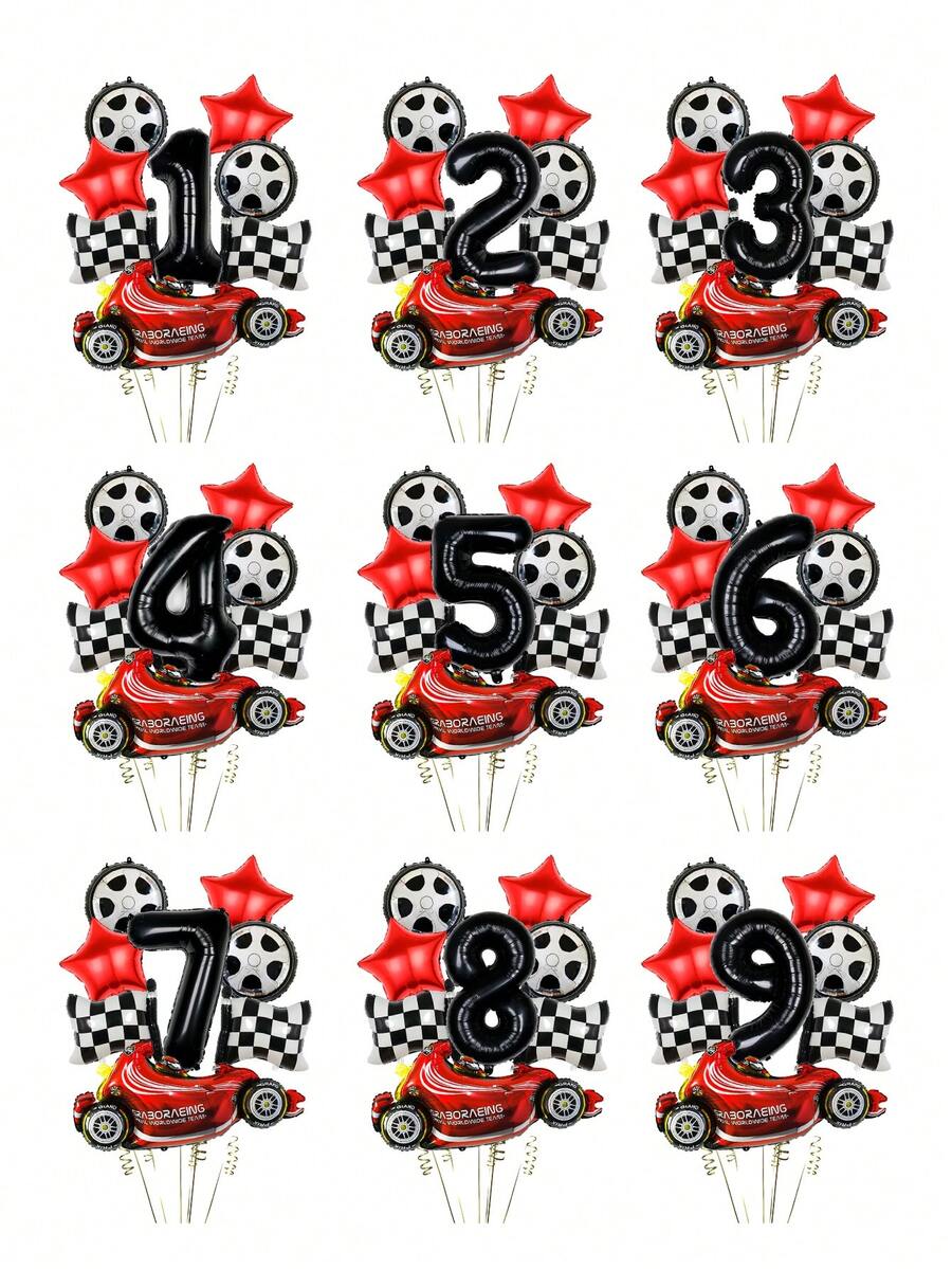 Set Balon Tema Balap 8 Buah, Termasuk Balon Balap, Balon Angka 1-9 Ukuran 32", Bendera Balap, Balon Bulat Bentuk Ban Ukuran 18", Balon Bintang Merah, Cocok untuk Tema Balap, Dekorasi Ulang Tahun Anak Laki-laki, Pesta Mobil - MultiWarna - View 1