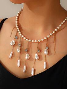 1pc New Bohemian Faux Pearl Chain Tassel Necklace, Personalized Seaside Resort Wear For Women (Shipped Without Box)