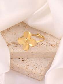 1 pieza Anillo abierto de trébol de cuatro hojas de acero inoxidable para mujeres, joyería impermeable con baño de oro de 18K y flor ajustable