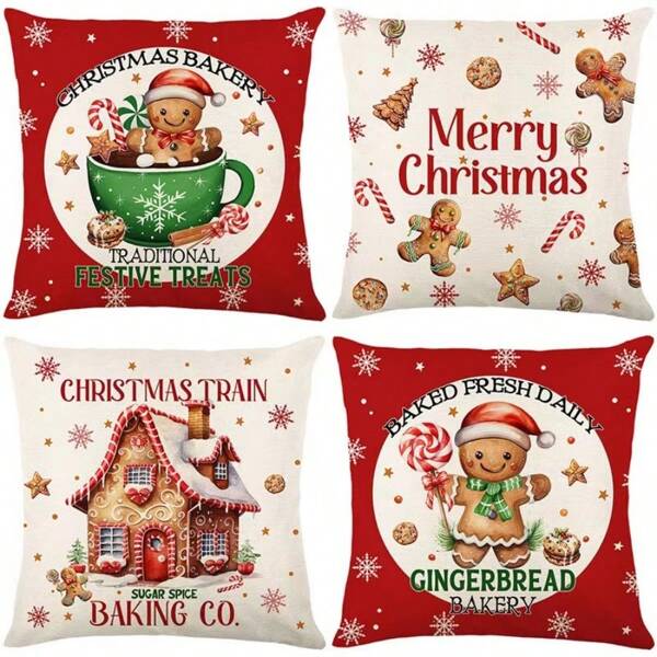 Set de 4 fundas de cojín navideñas con estampado de casita de dulces y hombres de jengibre, decoración festiva para el hogar