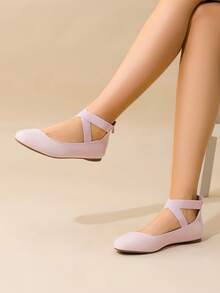 Women Ballet Flats Cross Elastic Ankle Straps Round Toe With Back Zipper Fashion Elegant Comfortable Daily Dress Versatile Non-Slip Flats Shoes - Hồng - Xem 3