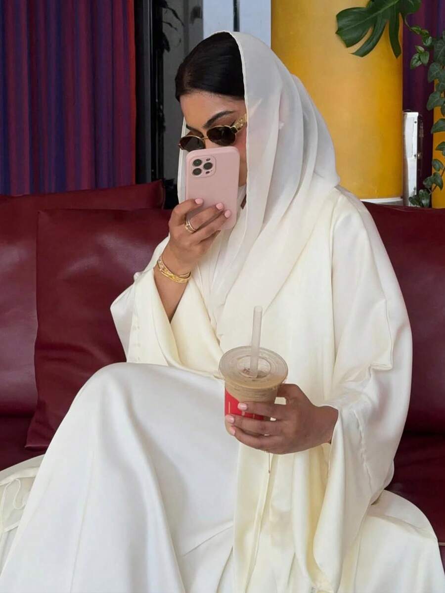 1pc Women's Satin Style Dress. This Elegant Dress Also Comes In A Long Abaya Version, Suitable For Daily Wear And Special Occasions. - Apricot - View 1