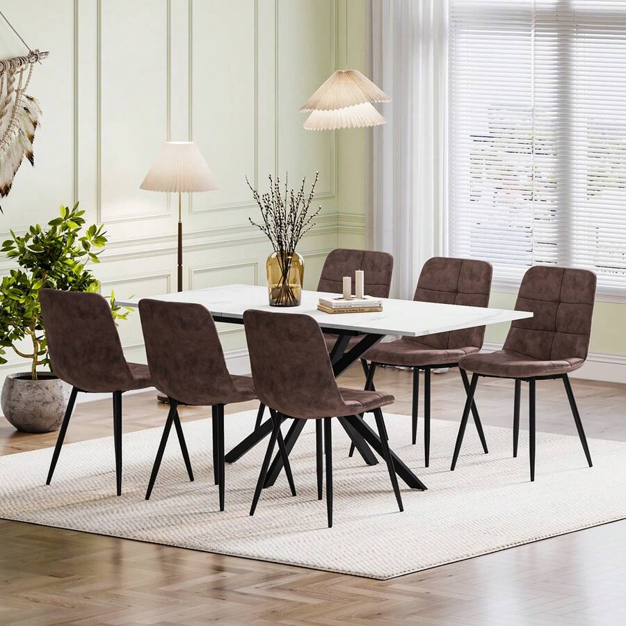 Extendable Dining Table And Chairs Set 6, 120-160cm Marble Effect Table With 6 Brown Upholstered PU Leather Chairs For Dining Room, Kitchen - Marble Dining Table + 6 PU Brown Chairs - View 1