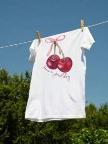 Women's Summer Letter Cherry Print Pattern Round Neck T-Shirt For Vacation Wear Graphic Tees Women White Top Black Top Pink Top Vacation Outfits Women