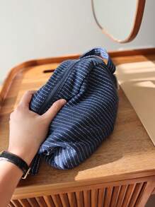 Classic Striped Large Capacity Handheld Makeup Bag, Linen Fabric, Dark Color Zipper, Skincare Products Travel Storage Pouch