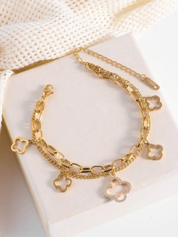 1 Stück modischer Zirkonia Klee Titan-Stahl Zweischicht-Armband, vielseitig für den täglichen Gebrauch von Frauen
