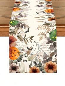 1pc Halloween Decoration Table Runner, Spooky Ghost Pumpkin Pattern Polyester Table Cover, Happy Halloween Decoration Table Cloth, Trick Or Treat, Halloween Boo Ghost Tablecloth, Halloween Cabinet Decorative Covers, Dining Table Centerpiece Table Set, Halloween Event Decoration Table Flag, Room Decor Home Decor Table Skirt, Halloween Decoration, Halloween Gift, Party Favor - Pumpkin Ghost - View 6