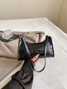 鳄鱼压纹韩版女士手提包，新款时尚单肩包，休闲简约通勤包，月牙造型 - 黑色 - 查看 2