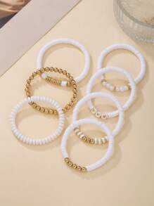 7pcs Stylish Soft Clay & Faux Pearl CCB Heart Design Layered Beaded Bracelet Set, Suitable For Women Daily Wear, Beach, Party, Gift