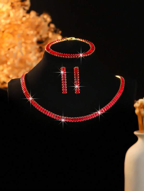 4pcs Elegant Geometric Zirconia Necklace, Earrings, Bracelet Jewelry Set | Ideal Gift For Couples, Brides, Weddings, Parties, Daily Commute | Luxe, Fashionable, High-End Accessories