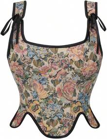 Womens Vintage 1920s Renaissance Lace Trim Corset Bustier, Retro Fashion - Cream Flower - View 1