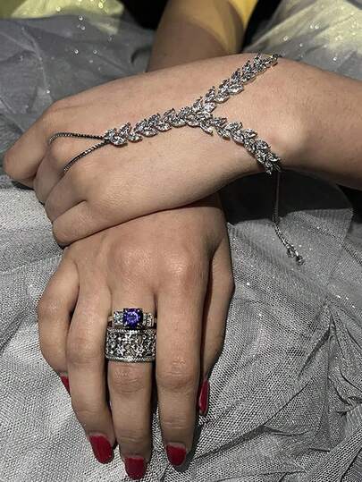 1 件复古简约小麦与树叶环绕指环手链，锆石装饰新娘配饰