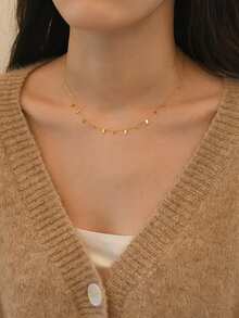 Nooxian 1pc Fashionable Stainless Steel Necklace For Women, Minimalist Geometric Cube Tassel Pendant Sweater Chain (Pendant Quantity Random) - Yellow Gold - View 10