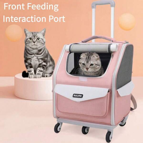1pc Pet Rolling Backpack Carrier, Large Capacity Breathable Travel Bag Suitable For Small/Medium Cats And Dogs