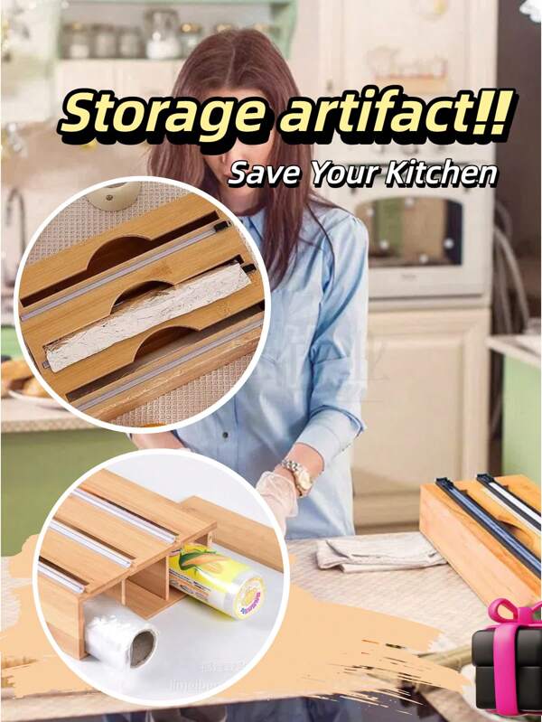 1pc Plastic Wrap And Foil Cutter With Storage Box, Bamboo Wrap Organizer, Convenient Kitchen Accessory For Plastic Wrap, Foil, Garbage Bag Storage And Cutting, Hanging Or Freestanding