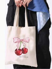 Cherry Pattern Casual Minimalist Shoulder Bag, Handbag Shoulder Bag, Minimalist Bohemian Style Handbag, Women's Gift, Suitable For Work, Travel, Shopping, Backpack, Large Capacity, Portable, Suitable For Teen Girls, Female College Students, White-Collar Workers, Very Suitable For Work, Return To School, High School, High School, University, Vacation , Bohemian Outfit For Women - Beige - View 6