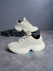 1 par de tenis gruesos y abultados para mujer, con empalme de malla, suave y ligero, color beige sólido, transpirable para uso casual diario y ejercicio, zapatos deportivos de moda