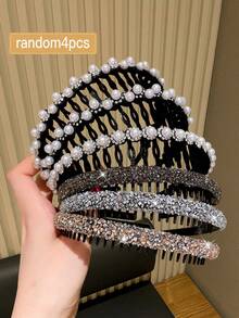 4 Stücke/Set Modische elegante Kristall & Kunstperlen besetzte Haarreife für Damen, geeignet für den täglichen Gebrauch, Make-up, Ausgehen, empfohlen als Geschenk Haaraccessoires Haarband - Verschiedenfarbig - Übersicht 3