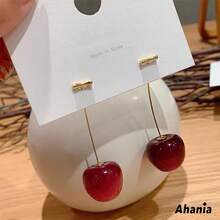 Ahania Red Cherry Earrings Fruit Pendant Long Cherry Earring With Gold Pin Cute Women's Jewelry - 酒紅色 - 查看 7