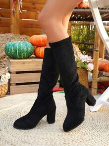 Women's New Solid Color Elastic Boots, Female Long Boots 7cm Chunky Heel Round Toe Suede Elastic Boots, Pull On, Plus Size 43, Fashion Versatile Casual Shoes - Black - View 5