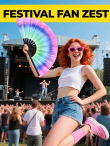 紫外线折叠手扇，按压式手扇，适合作为礼物，也适用于音乐节、嘉年华、彩虹服装、迪斯科派对、霓虹派对、荧光派对装饰 - 彩色 - 查看 4