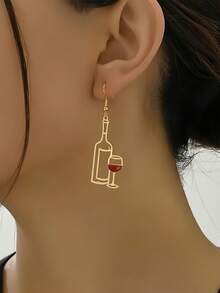 1 对时尚镂空酒杯和酒瓶设计耳环，简约创意派对珠宝 - 金色 - 查看 2
