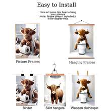 1/3 件套奇思妙想高地牛浴室海报 | 有趣的农场动物帆布艺术，Cottagecore 奶牛礼品，适合幽默爱好者的农舍墙壁装饰，无框架