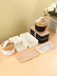 1Set Bamboo Bento Box With Compartments And Utensils, Stackable Lunch Box, Snack Container, Includes Spoon And Fork For Meal Prep Perfect For Back To School, Fishing, Camping,And Holiday Gift For Christmas And Thanksgiving!