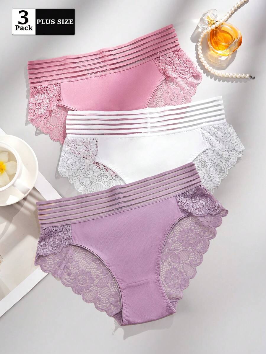 FOVTY 3 pezzi/set, mutande da donna taglie forti in tinta unita con dettagli in pizzo, elasticizzate - Multicolore - Visualizzare 1