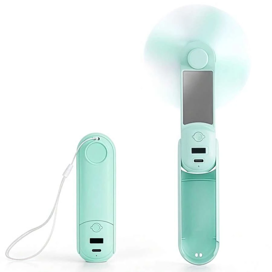 2026 New 5 In 1 Portable Mini Handheld Fan, Pocket Fan With Mobile Phone Holder, Mirror, Power Bank, Flashlight Ideal For Travel/Beach/Eyelash/Makeup/Vacation - màu xanh lá - Xem 1
