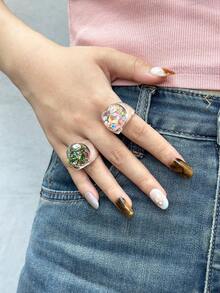 1 件/2 件梦幻绝对彩色渐变树脂透明不对称纹理闪光戒指，适合女性日常休闲装装饰和赠送朋友