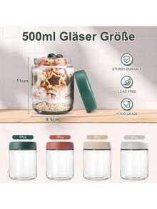 1/4 500毫升透明玻璃厨房储物罐，带盖，适用于隔夜燕麦片杯，适用于办公室或健身房的酸奶、水果和零食。用于在厨房储存燕麦片、布丁、水果和隔夜燕麦片，学校用品，返校必备学校用品