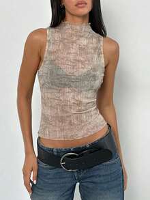 ​​Feminine Sheer Sleeveless Crewneck Top With Abstract Print Artistic Tank​​ - Khaki - View 4