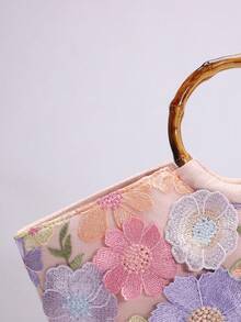 1 件花卉刺绣图案网眼手提包，复古竹柄沙滩包，大容量暑假海滩旅行休闲使用（花卉图案随机发送） - 彩色 - 查看 7