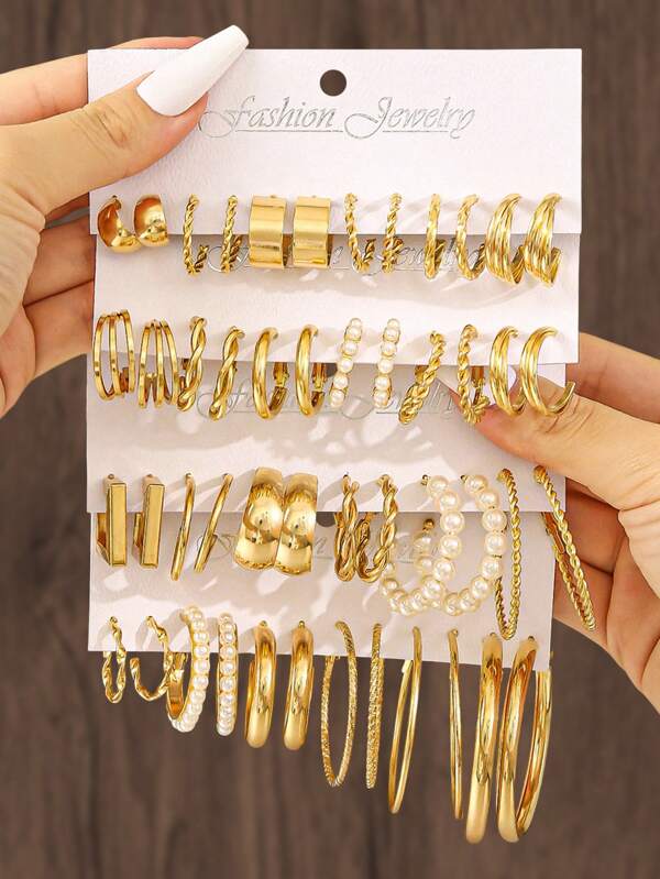 48/24/12 piezas Pendientes de aro de mujer de diseño metálico sobredimensionado en forma de C, torsión, gota de agua y bloque geométrico, con perlas falsas elegantes incrustadas, un accesorio encantador para uso diario, fiestas, banquetes, un regalo de joyería ideal para mujeres y bodas