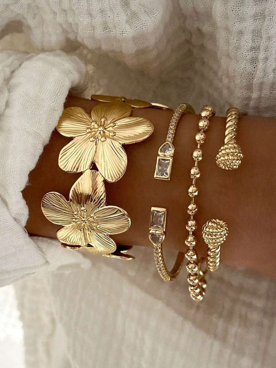 1pc European & American Style Gold-Plated Flower Shaped Bracelet, Combining Eastern Rose Element And Western Fashion To Create An Exotic Vibe, Suitable For Parties, Gifts, Daily Wear, Stunning Appearance - 金黃色 - 查看 1